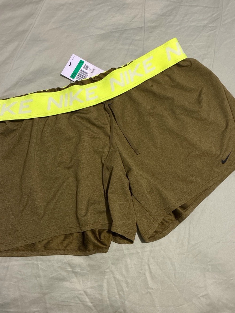 Brand New Nike Women's Olive Green Shorts with Neon Yellow Waistband